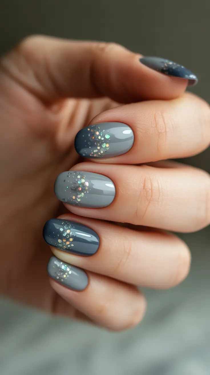 May Nails Ideas 2026 Glossy Smoky Grey Gradient with Subtle Glitter Glow