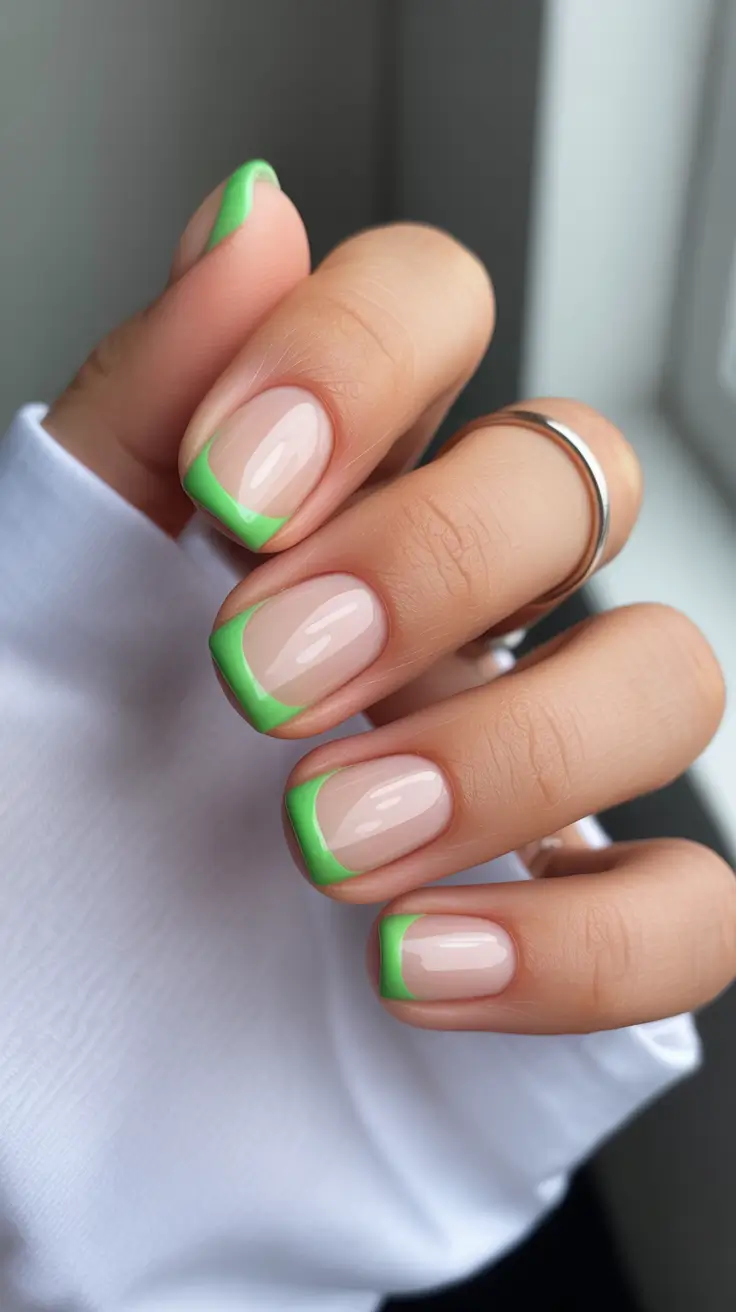 May Nails Ideas 2026 Fresh Neon Green French Tips on Natural Nude Base