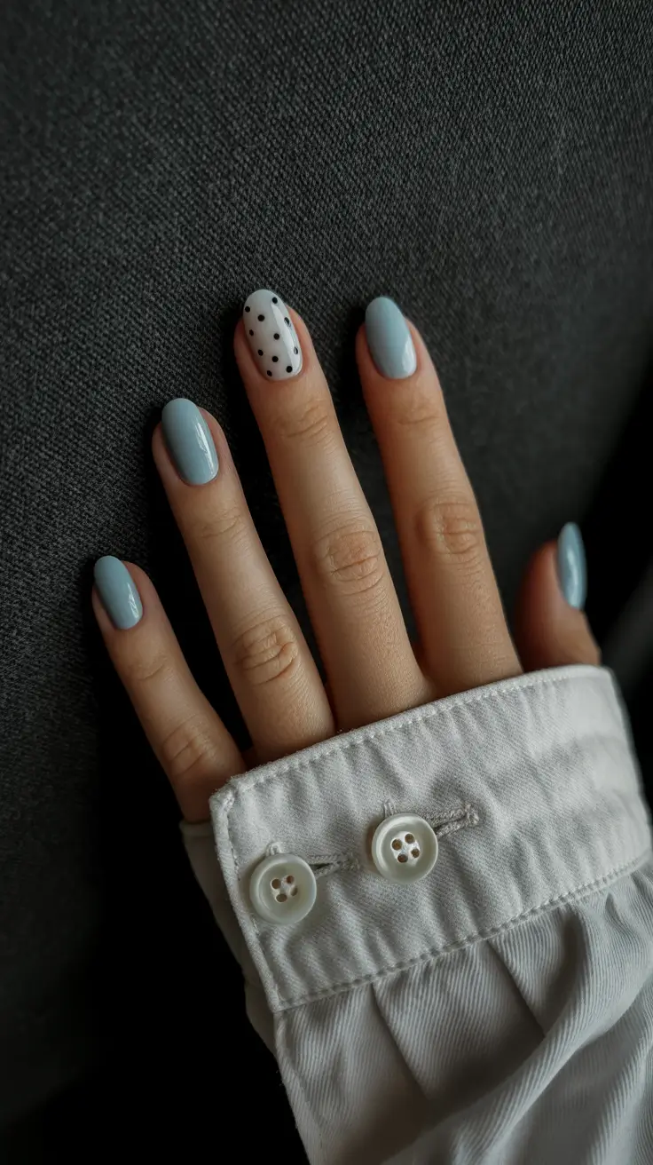 May Nails Ideas 2026 Powder Blue Minimal Nails with Graphic Polka Dot Accent