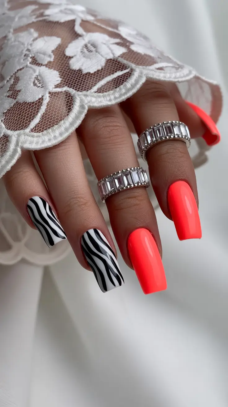 May Nails Ideas 2026 Bold Neon Coral and Zebra Mix for Statement May Style