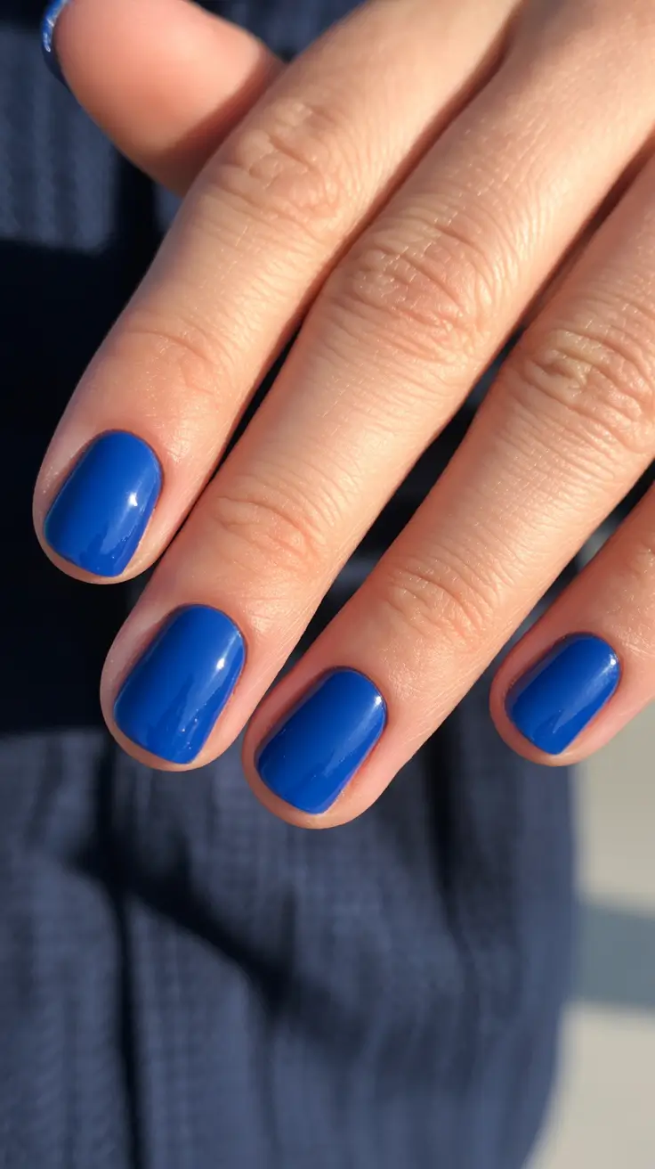 May Nails Ideas 2026 Classic Royal Blue Gloss on Short Natural Shape