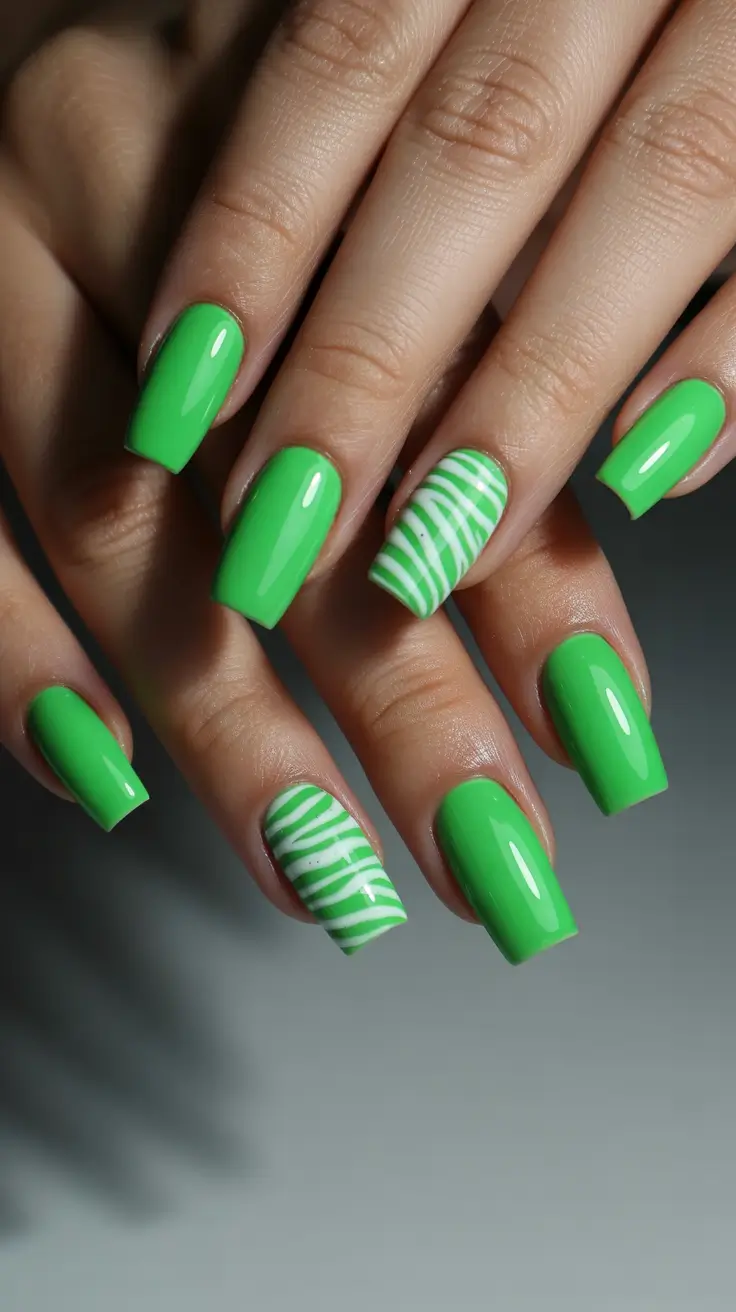 May Nails Ideas 2026 Fresh Lime Gloss with Graphic Stripe Accent