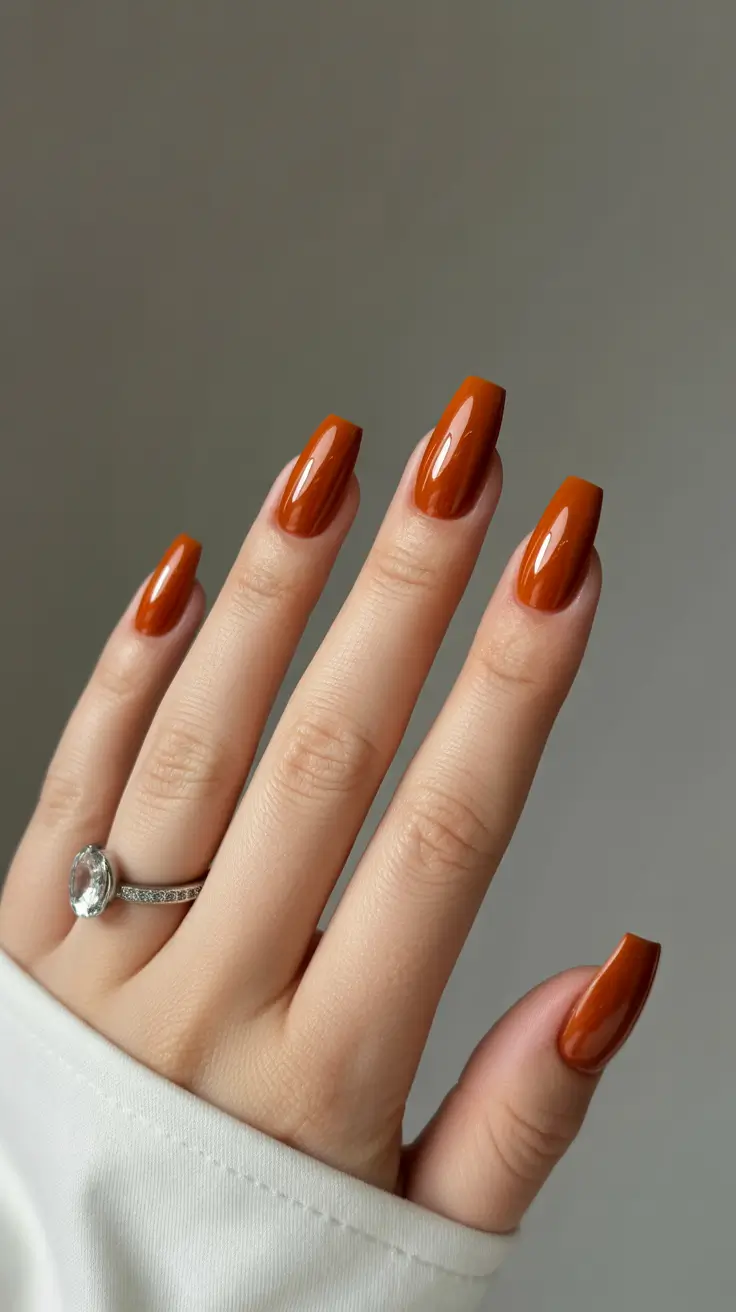 May Nails Ideas 2026 Warm Cinnamon Gloss on Modern Square Length