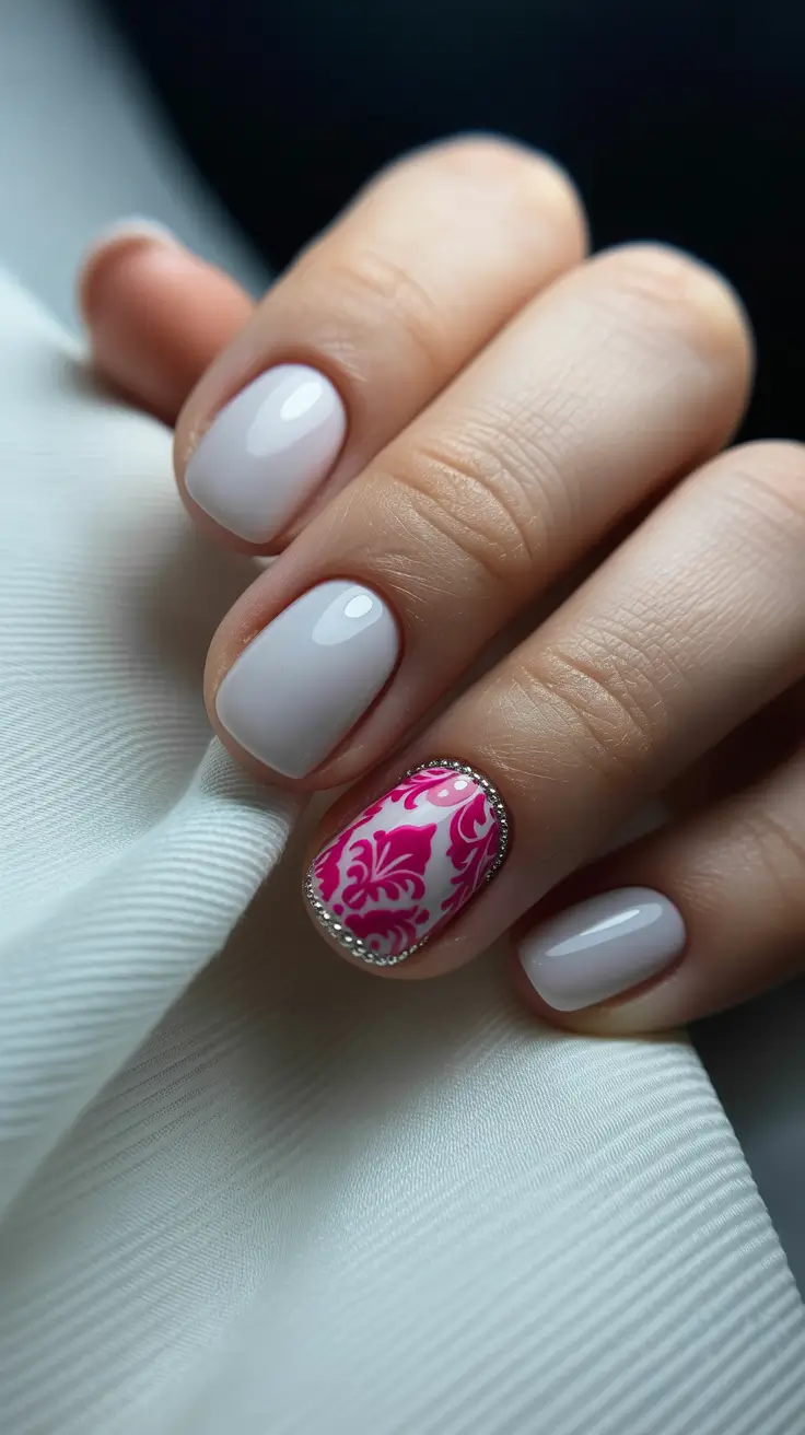 May Nails Ideas 2026 Soft Milky White with Ornamental Pink Accent Detail