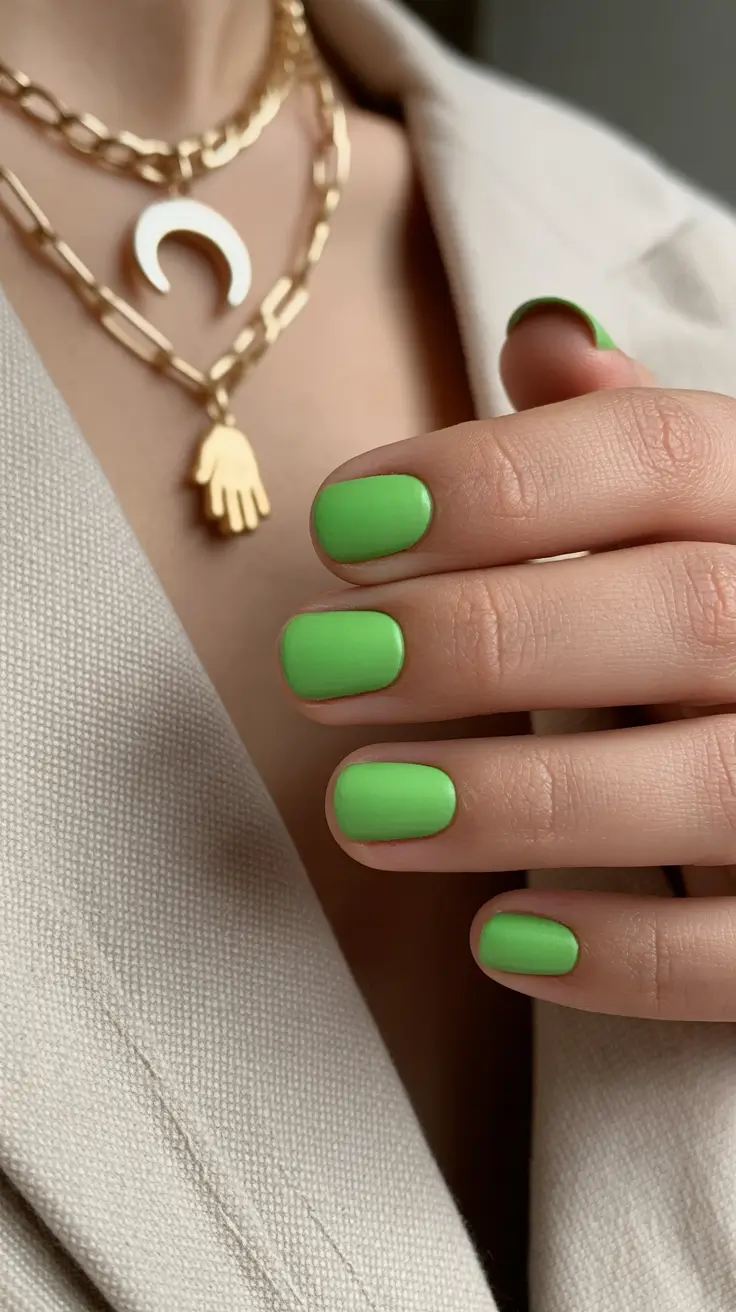 May Nails Ideas 2026 Fresh Matte Apple Green for Playful Minimal Spring Style