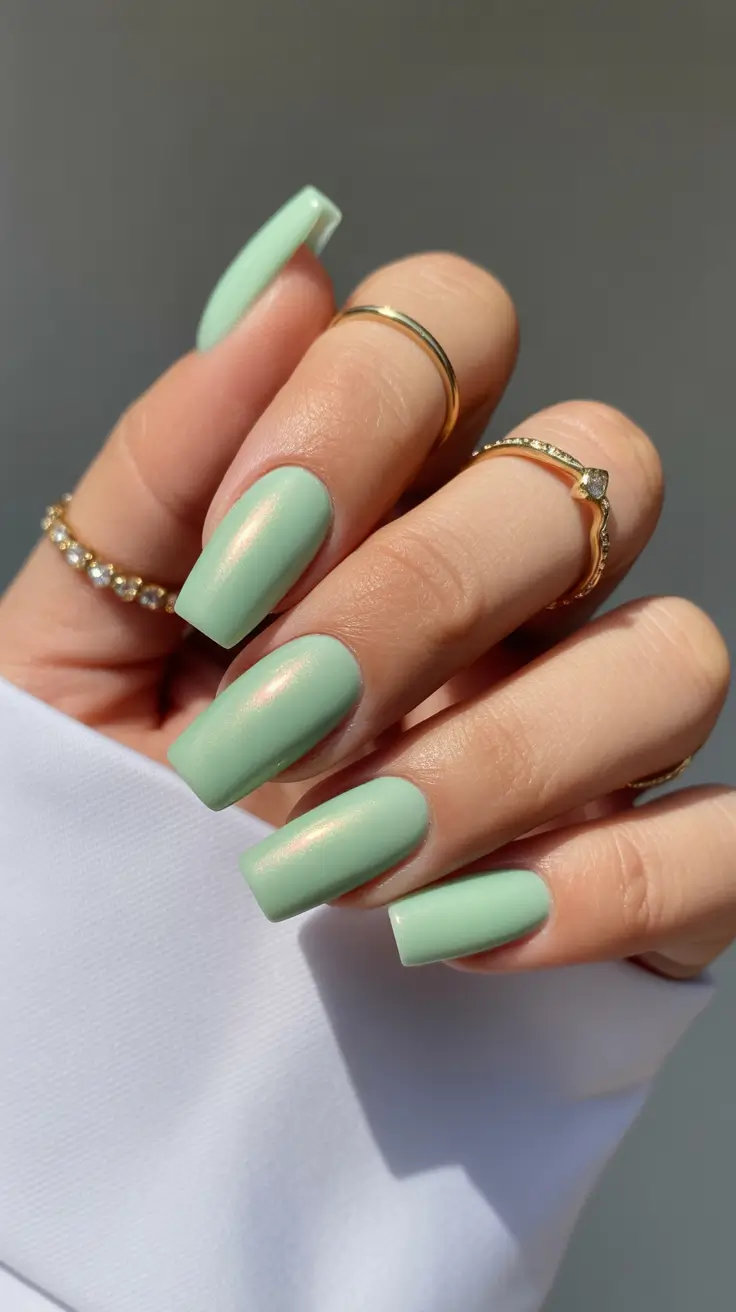 May Nails Ideas 2026 Mint Pearl Square Nails for Chic Modern Soft Glam