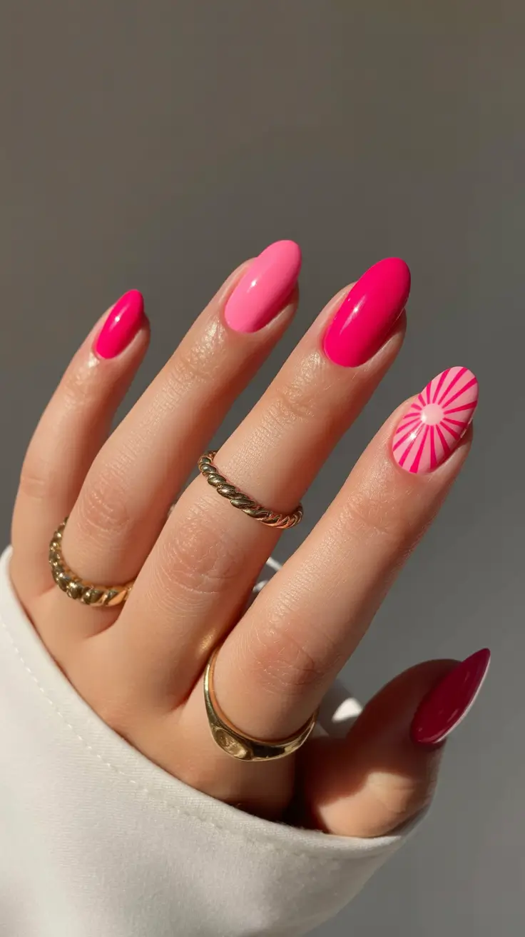 May Nails Ideas 2026 Vibrant Pink Almond with Graphic Accent for Bold May Energy