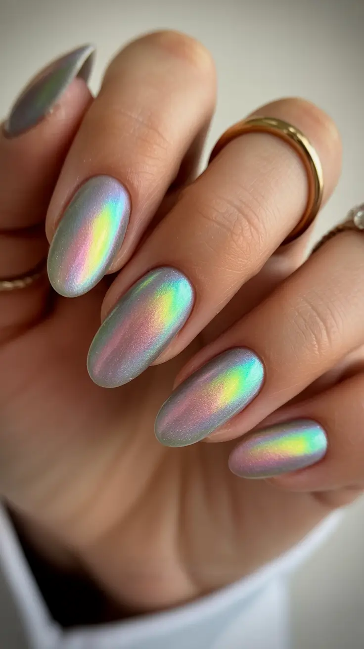 May Nails Ideas 2026 Holographic Pastel Glow on Elegant Almond Shape