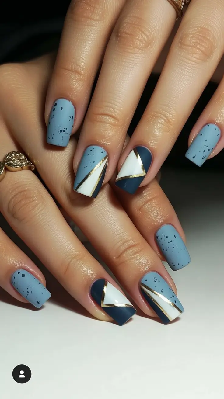 new early spring nails 2026 Dusty Blue Geometric Nails with Gold Accents