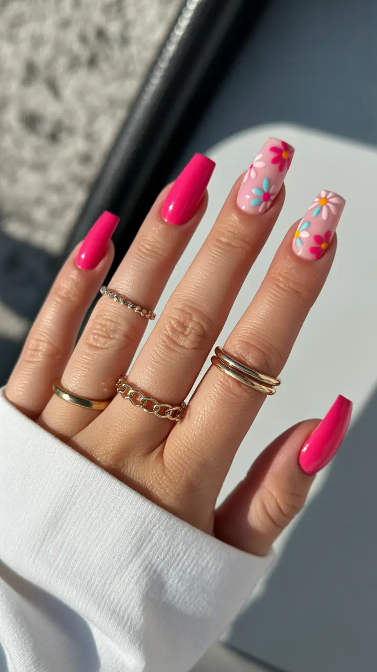 new early spring nails 2026 Bright Pink Floral Nails for Playful Spring Energy