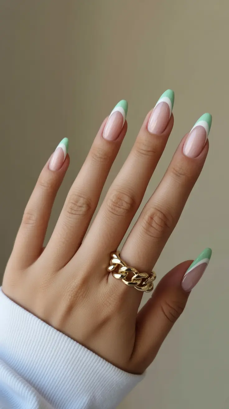 new early spring nails 2026 Mint Double French Tips for Modern Almond Nails