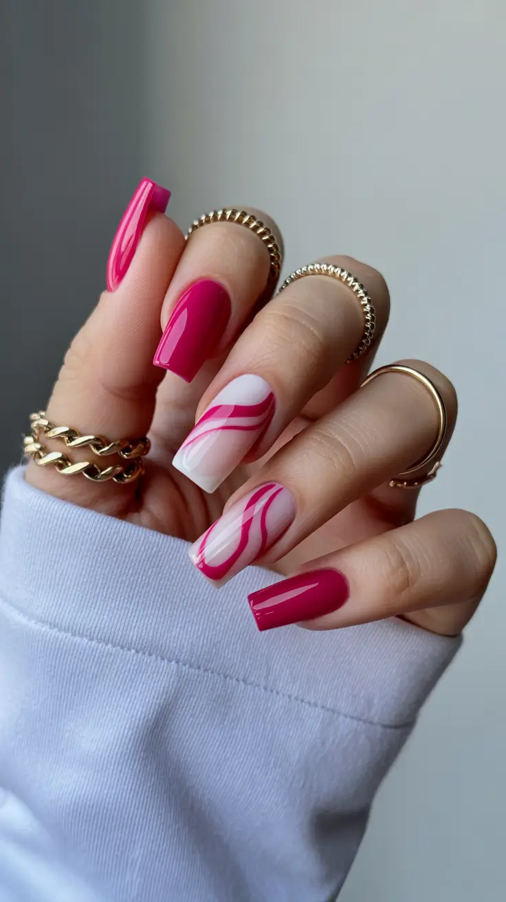 new early spring nails 2026 Glossy Pink Swirl Nails for Soft Graphic Style