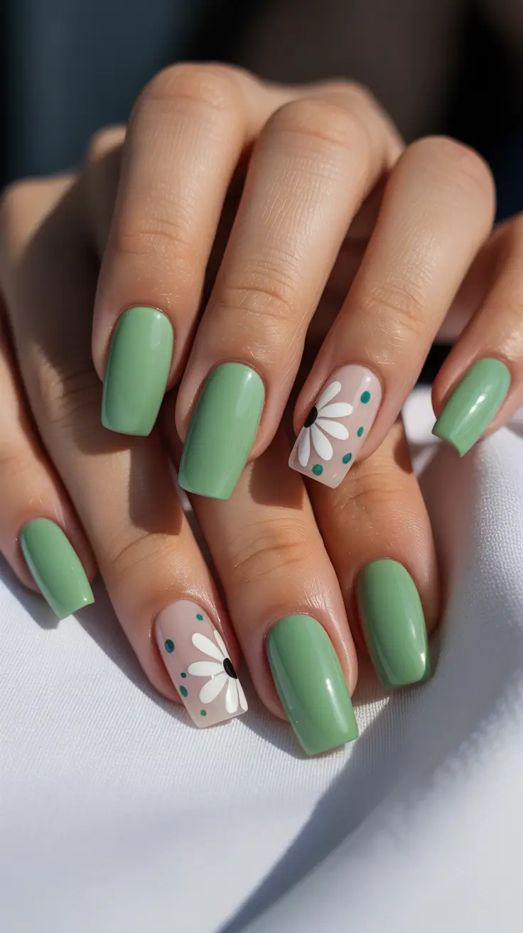 new early spring nails 2026 Soft Sage Daisy Nails for Fresh Spring Simplicity