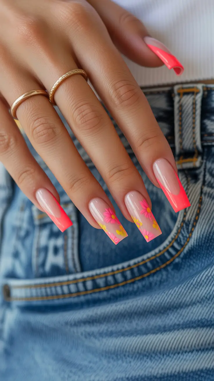 new early spring nails 2026 Neon Coral French with Floral Accents