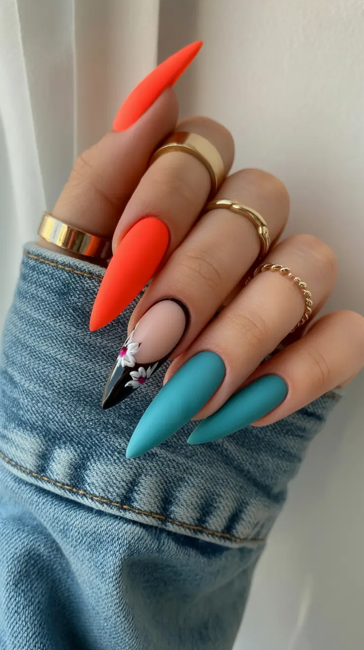 new early spring nails 2026 Bold Neon Contrast with Floral Accent Drama