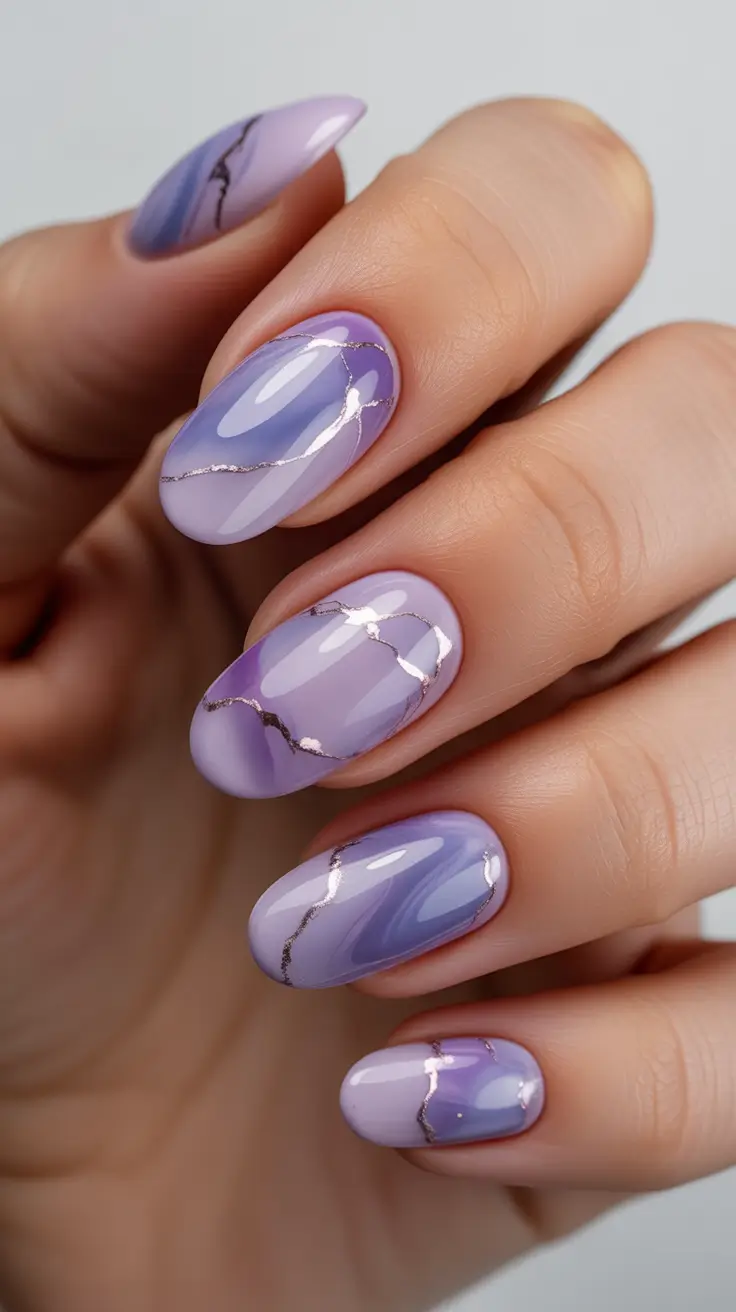 new early spring nails 2026 Lavender Marble Elegance with Metallic Veins