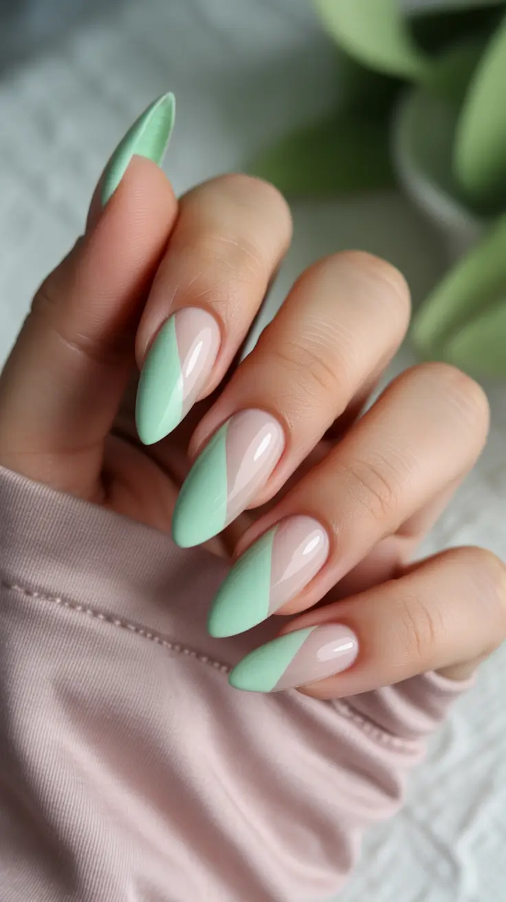 new early spring nails 2026 Minimal Mint Diagonal Design for Soft Seasonal Elegance