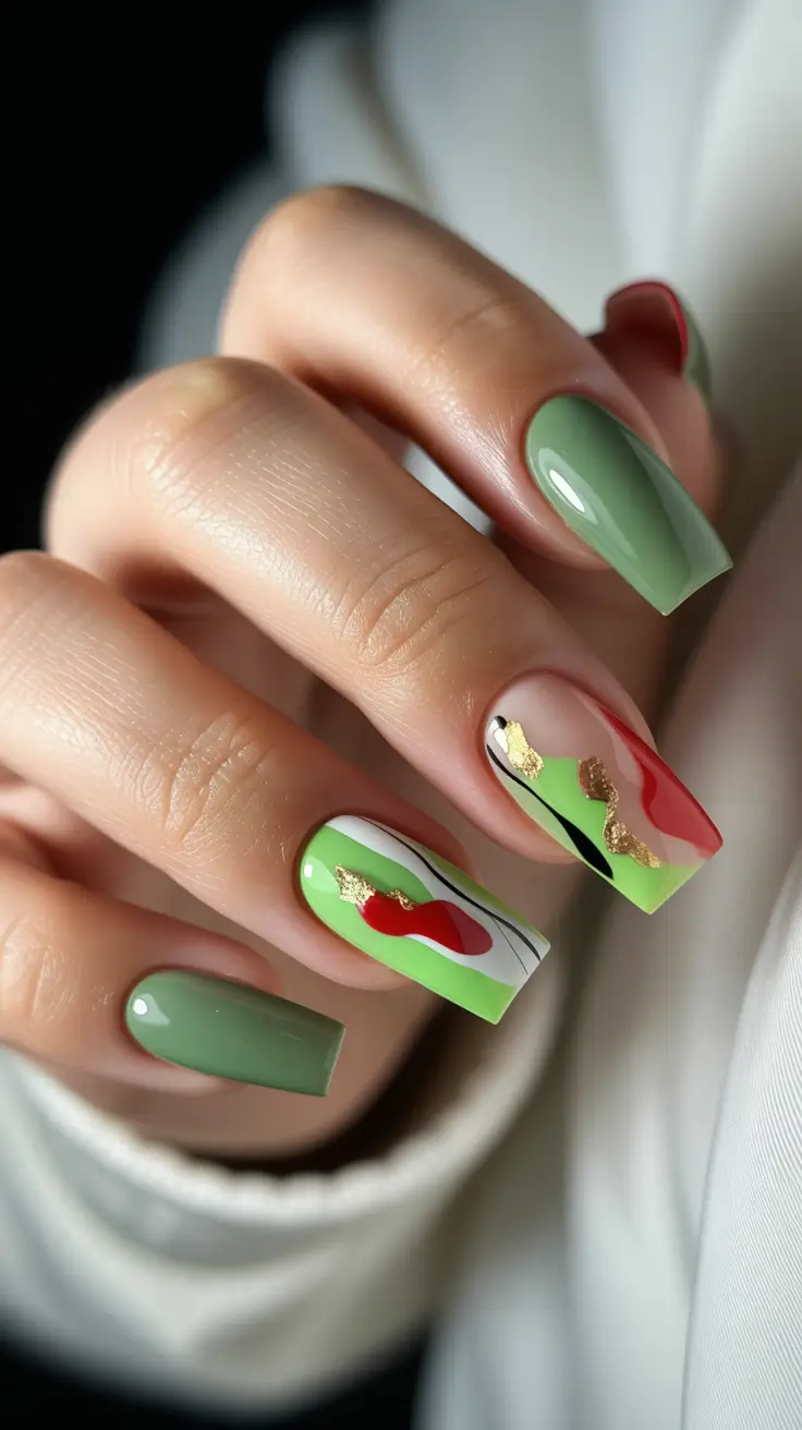 new early spring nails 2026 Abstract Green and Gold Graphic Nail Art