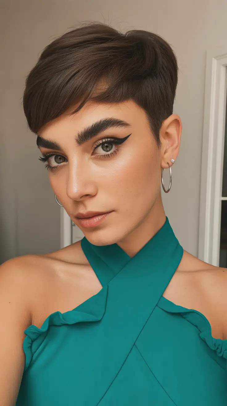 pretty spring pixie haircuts 2026 Soft Brunette Contour Pixie With Side Flow