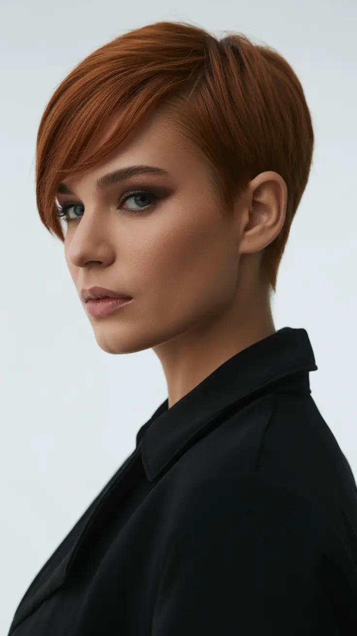 pretty spring pixie haircuts 2026 Sleek Auburn Precision Pixie With Elegant Side Sweep