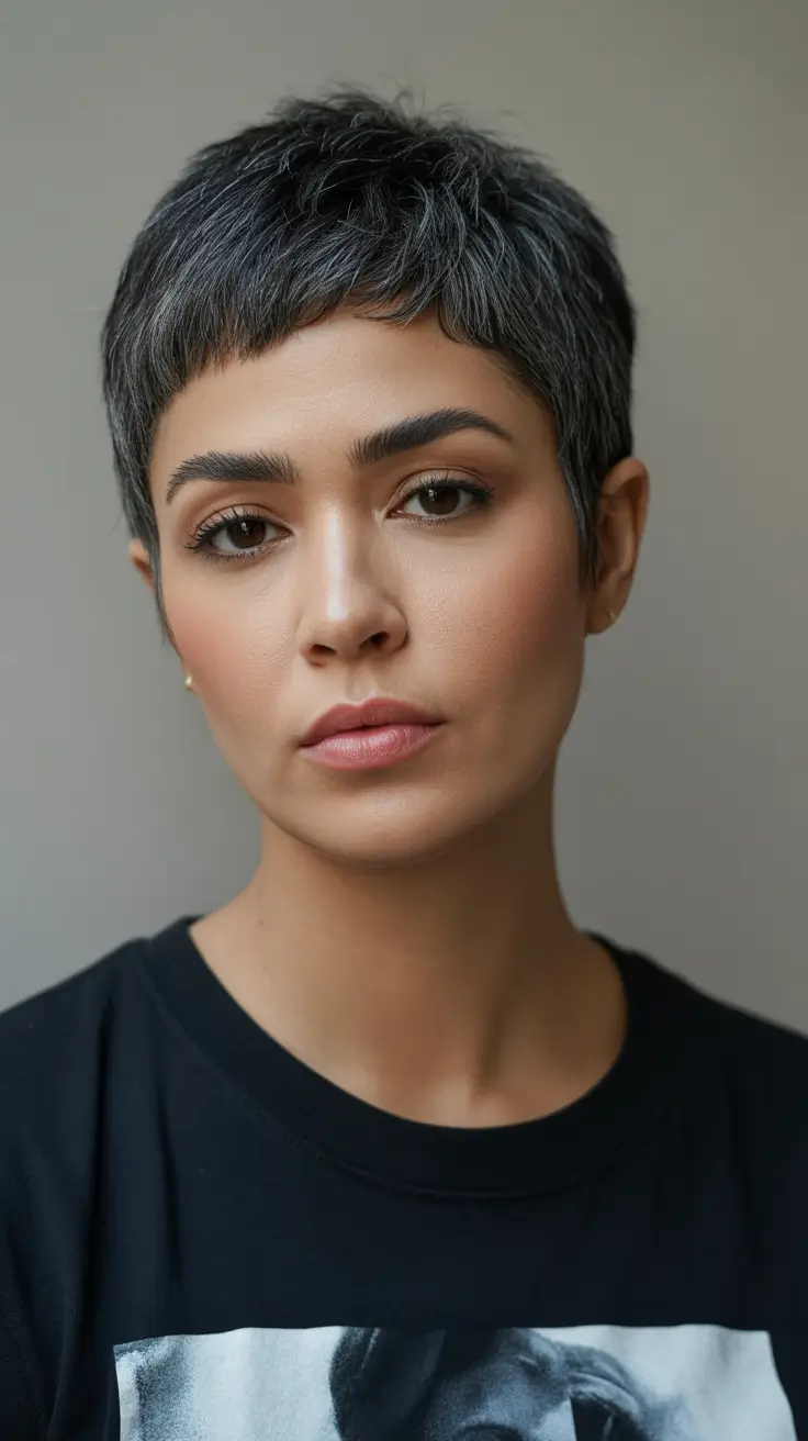 pretty spring pixie haircuts 2026 Minimal Graphite Pixie With Micro Fringe Detail