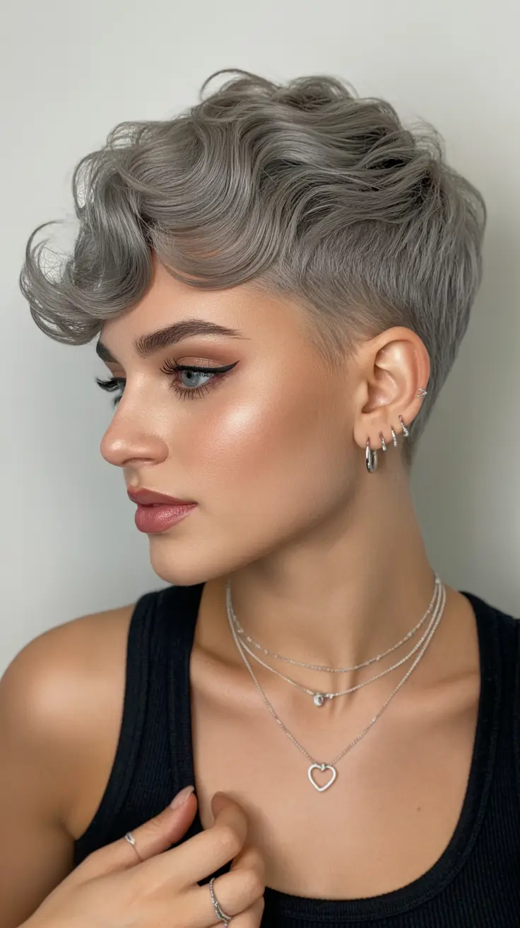 pretty spring pixie haircuts 2026 Silver Sculpted Pixie With Retro Wave Detail