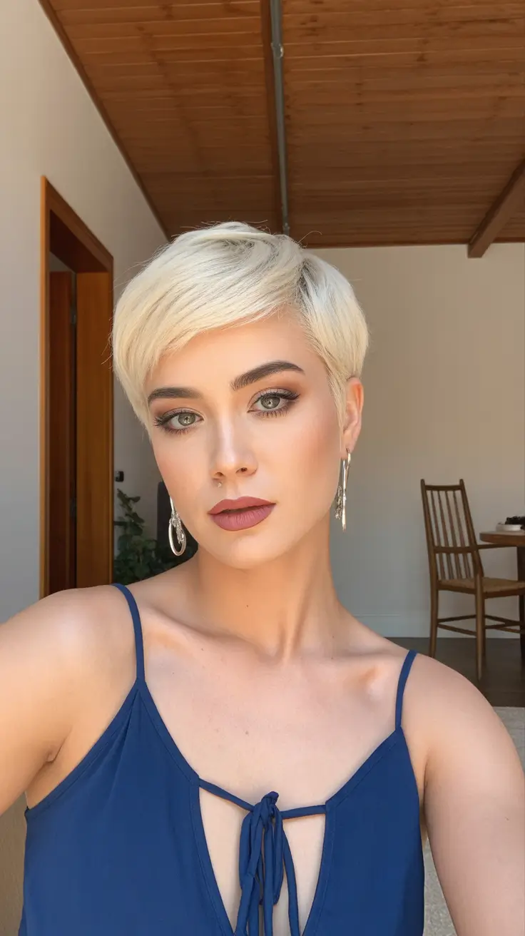 pretty spring pixie haircuts 2026 Classic Creamy Blonde Pixie With Polished Side Sweep