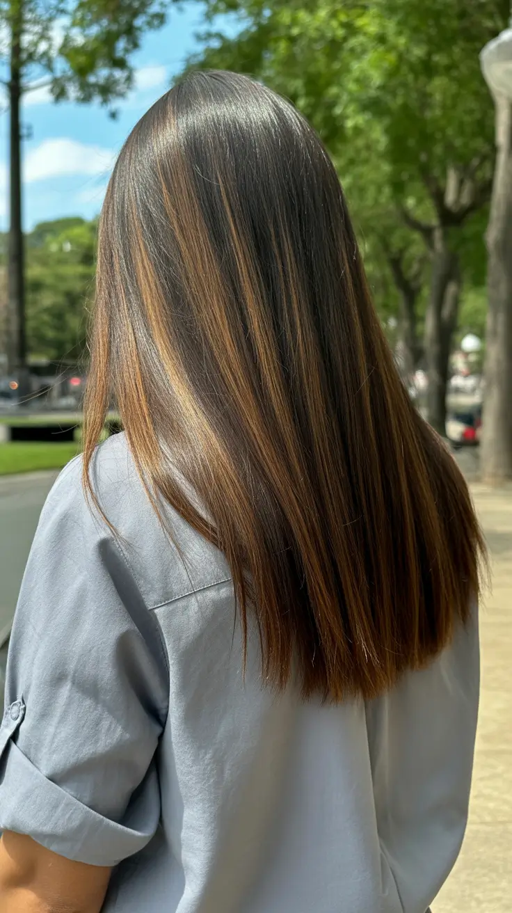 summer hair color ideas for brunettes 2026 sun kissed Long Brunette Silk with Golden Highlight Veils