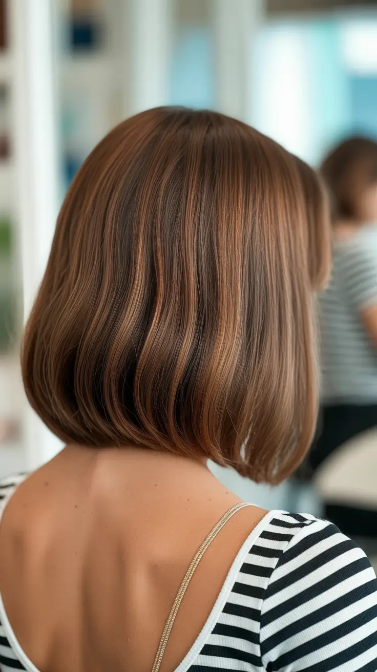 summer hair color ideas for brunettes 2026 sun kissed Rounded Glossy Brunette Bob with Dimensional Highlights