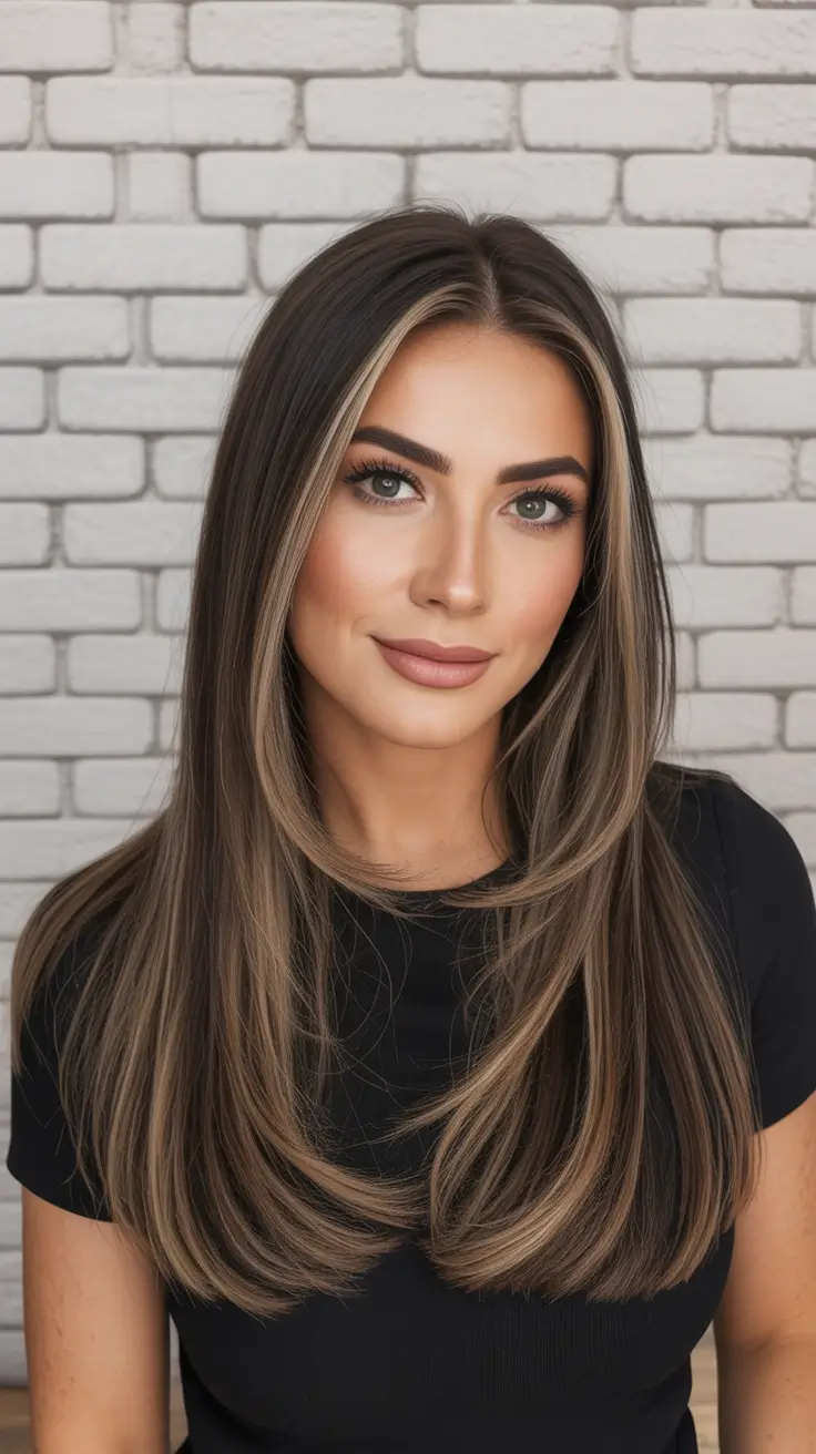 summer hair color ideas for brunettes 2026 sun kissed Long Layered Brunette with Face-Framing Blonde Balayage