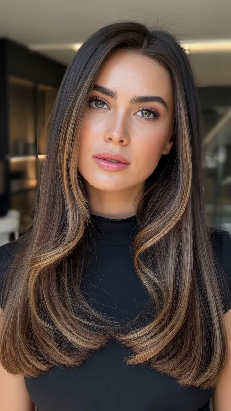 summer hair color ideas for brunettes 2026 sun kissed Long Layered Brunette with Caramel Movement