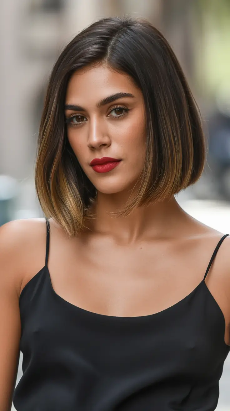 summer hair color ideas for brunettes 2026 sun kissed Sleek Angled Bob with Sunlit Contrast