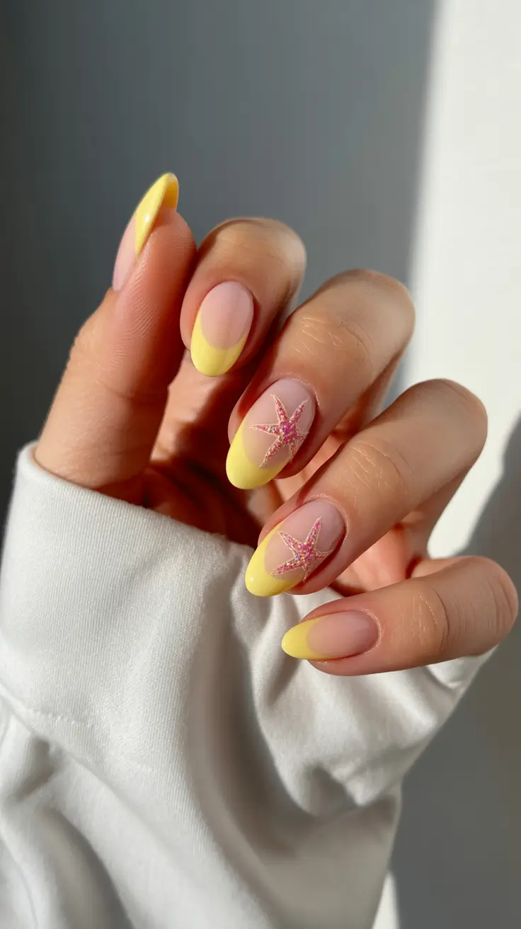 summer nail art ideas 2026 aesthetic Pastel Lemon Tips With Starfish Accent