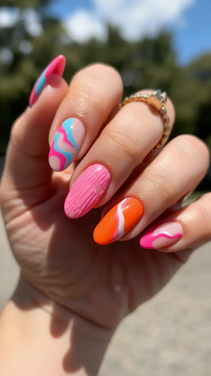summer nail art ideas 2026 aesthetic Bright Pop Mix With Pink And Blue Waves