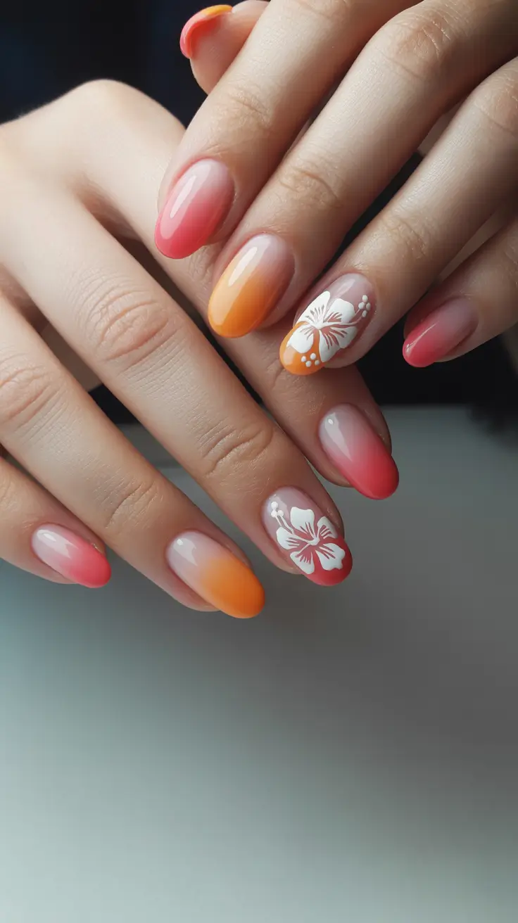 summer nail art ideas 2026 aesthetic Sunset Ombre Florals With Soft Glow