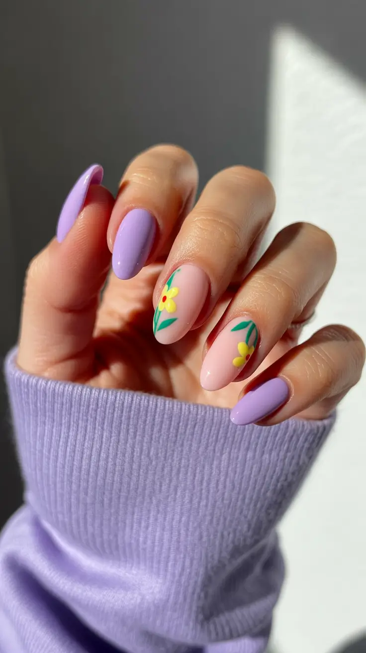 summer nail art ideas 2026 aesthetic Lavender Garden Soft Nails With Minimal Floral Touch