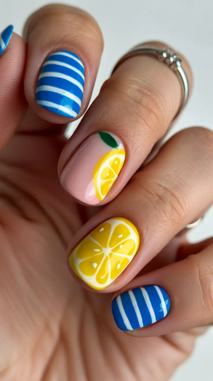 summer nail art ideas 2026 aesthetic Sunny Lemon And Nautical Blue Graphic Square Nails