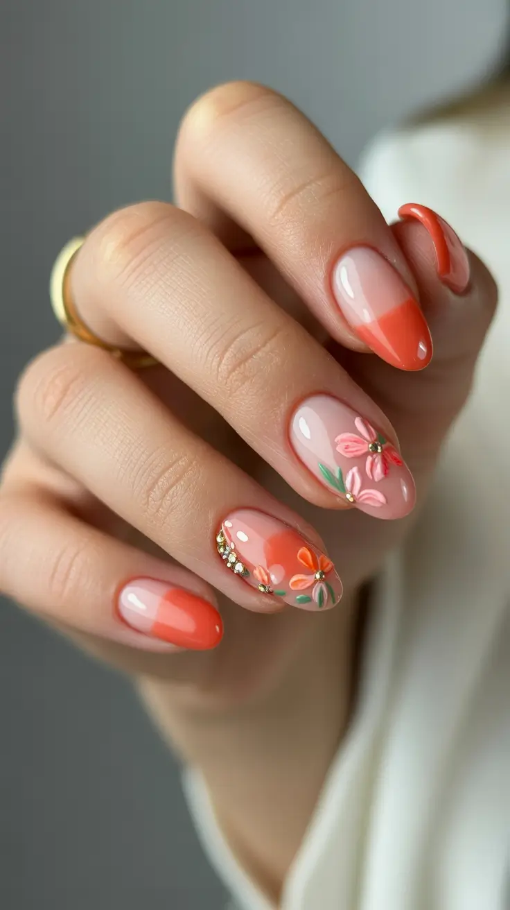 summer nail art ideas 2026 aesthetic Coral Petal Elegance With Jewel Details