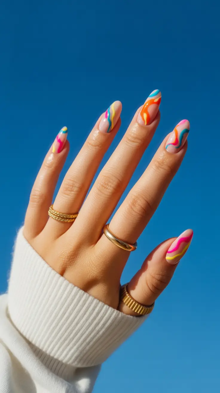 summer nail art ideas 2026 aesthetic Rainbow Flow Lines For Playful Summer Energy