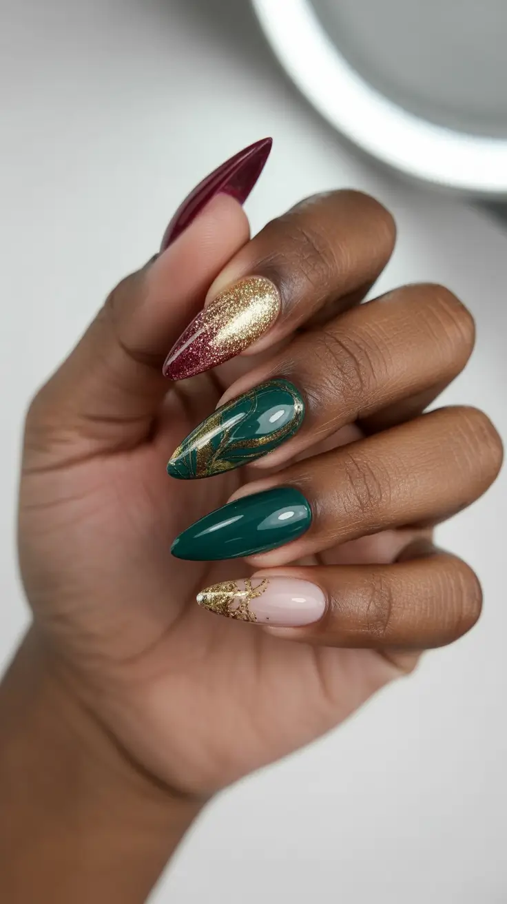summer nail art ideas 2026 aesthetic Emerald And Gold Luxe Contrast Nails