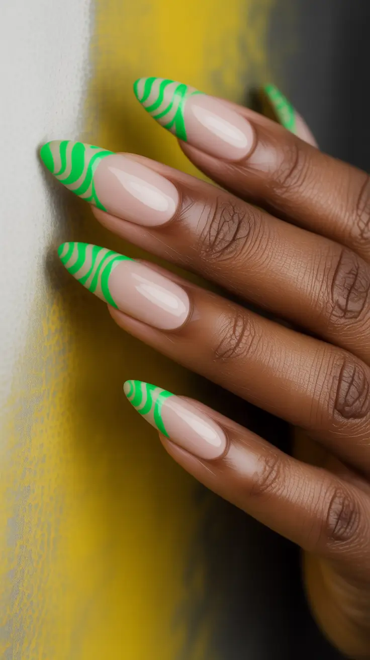 summer nail art ideas 2026 aesthetic Neon Green French Waves On Nude Base