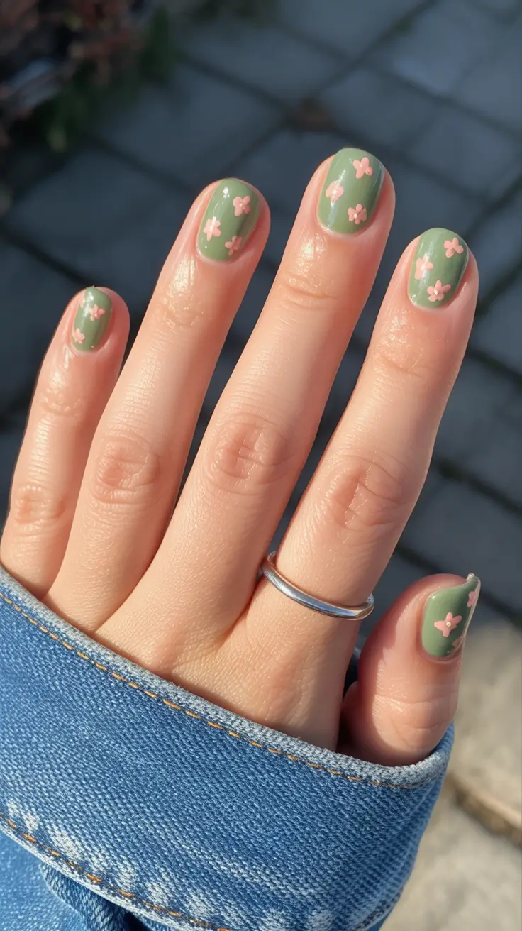 summer nail colors ideas 2026 for short nails Muted Sage Florals
