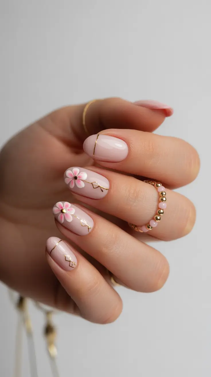 summer nail colors ideas 2026 for short nails Soft Pink Florals with Gold Lines