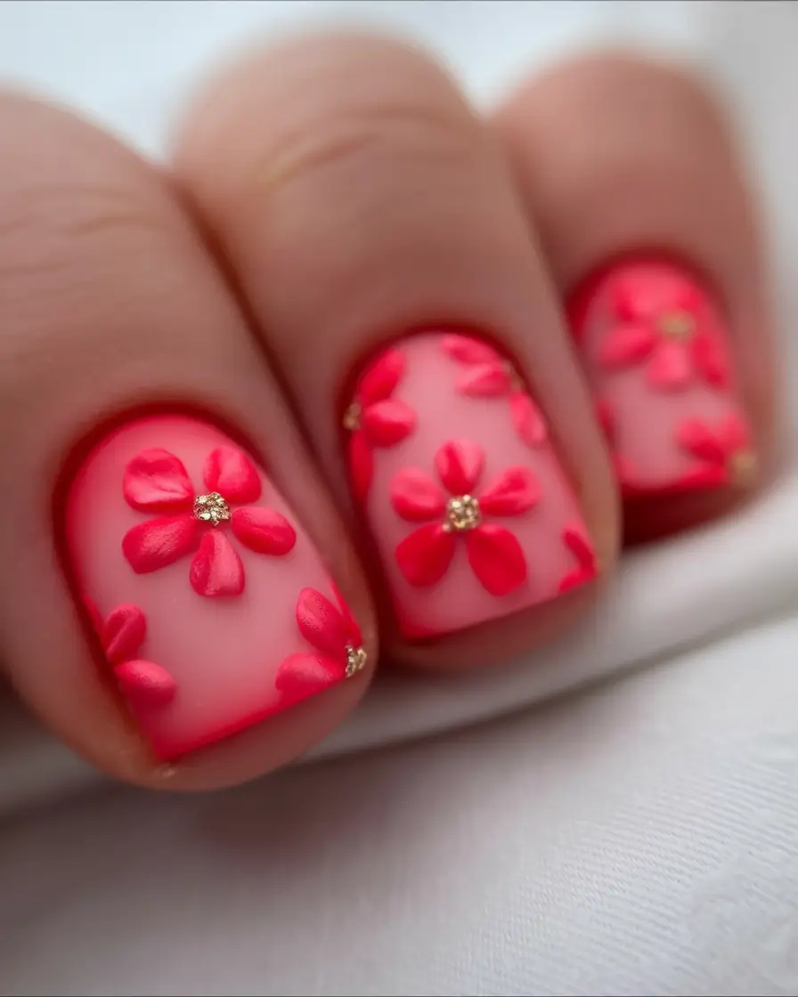 summer nail colors ideas 2026 for short nails Hot Coral Florals