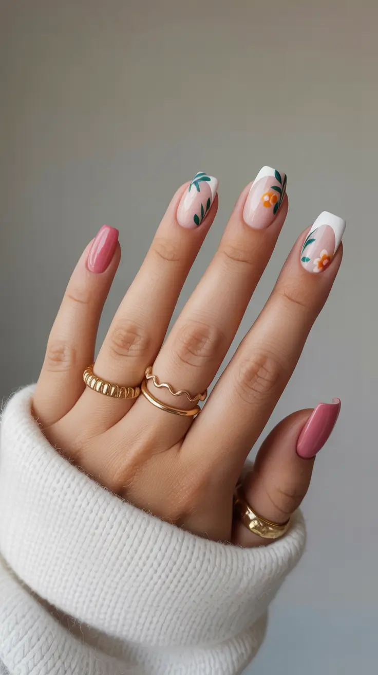 summer nail colors ideas 2026 for short nails Soft Pink French with Floral Accents
