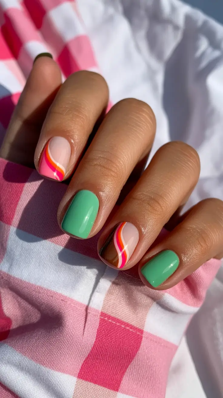 summer nail colors ideas 2026 for short nails Retro Swirl Pop