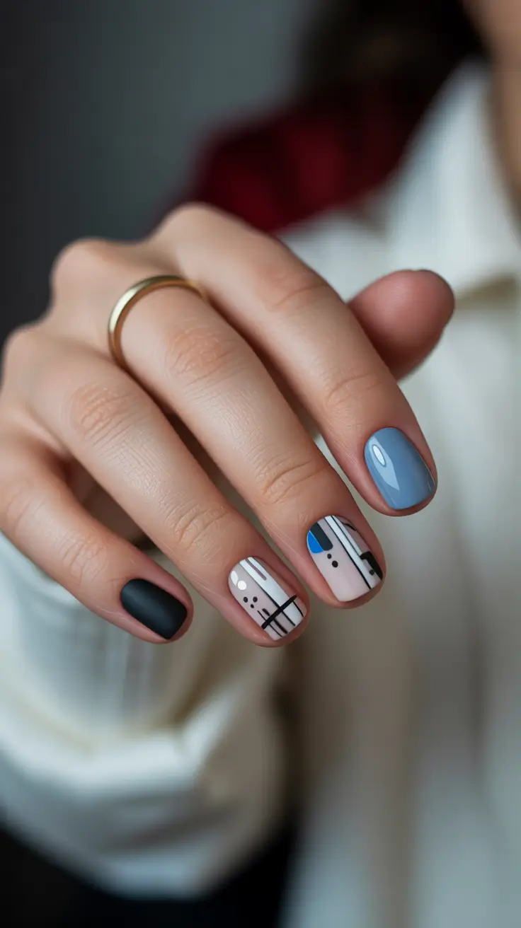 summer short nail inspo 2026 Minimalist Graphic Lines with a Modern Blue Accent