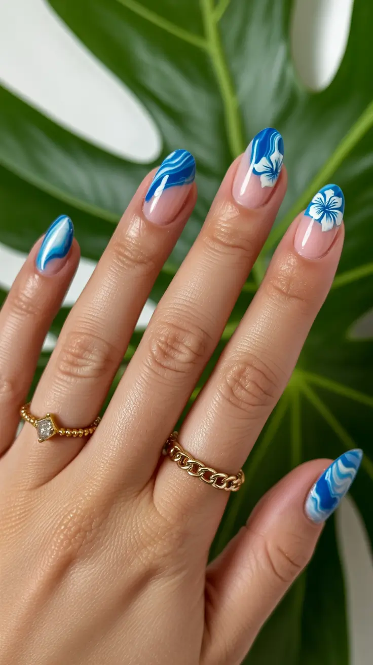 summer short nail inspo 2026 Ocean Blue Waves with a Floral Accent
