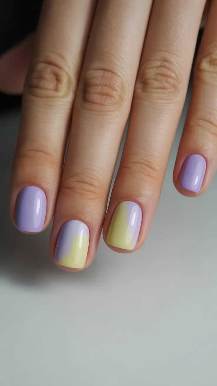 summer short nail inspo 2026 Soft Lavender and Yellow Blend for a Dreamy Pastel Mix
