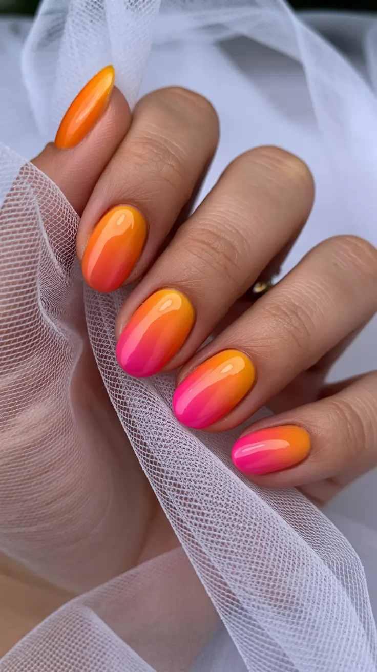 summer short nail inspo 2026 Sunset Ombre in Bright Orange and Pink